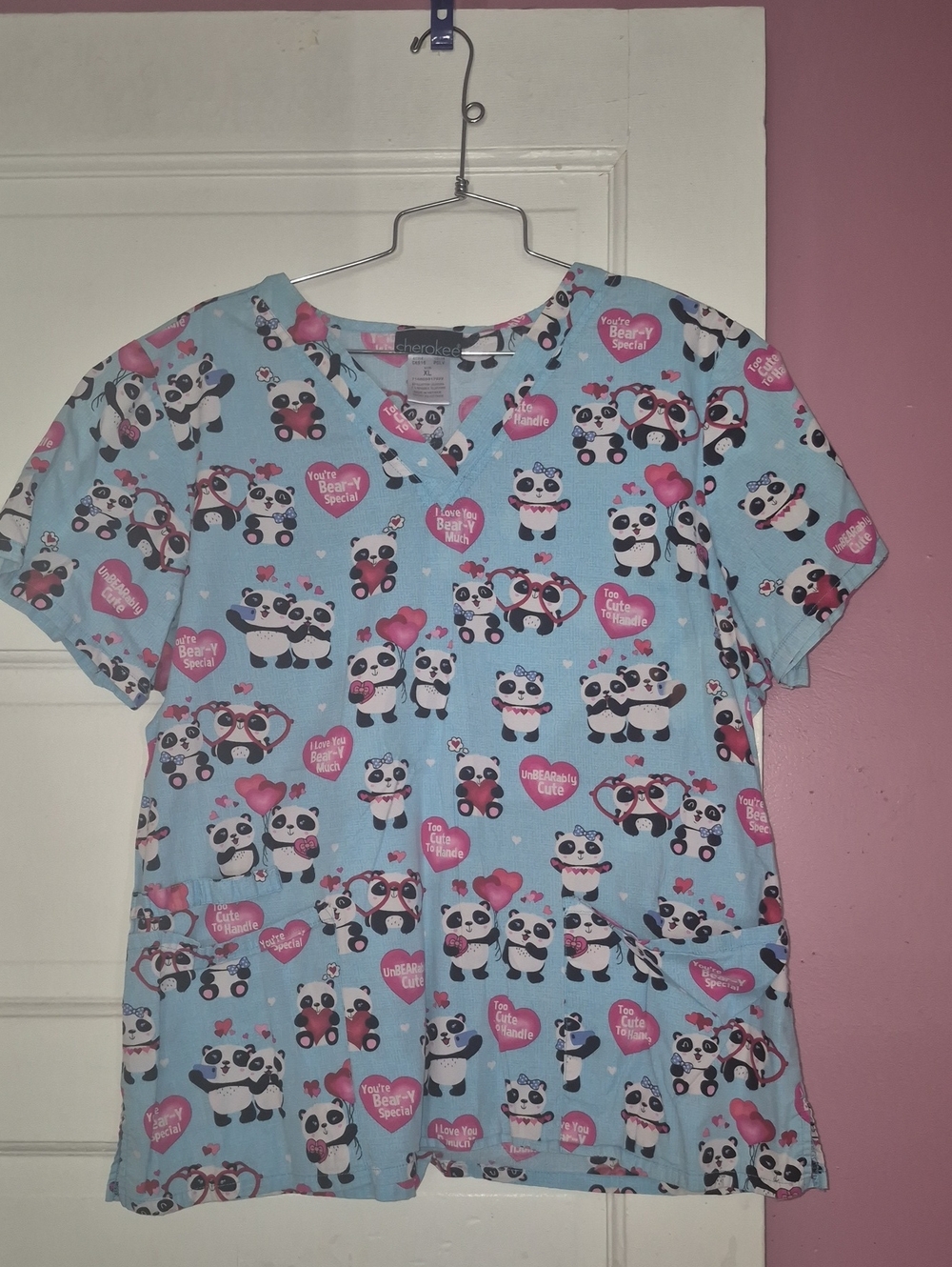 Cherokee Light Blue Panda Heart Print Scrub Top